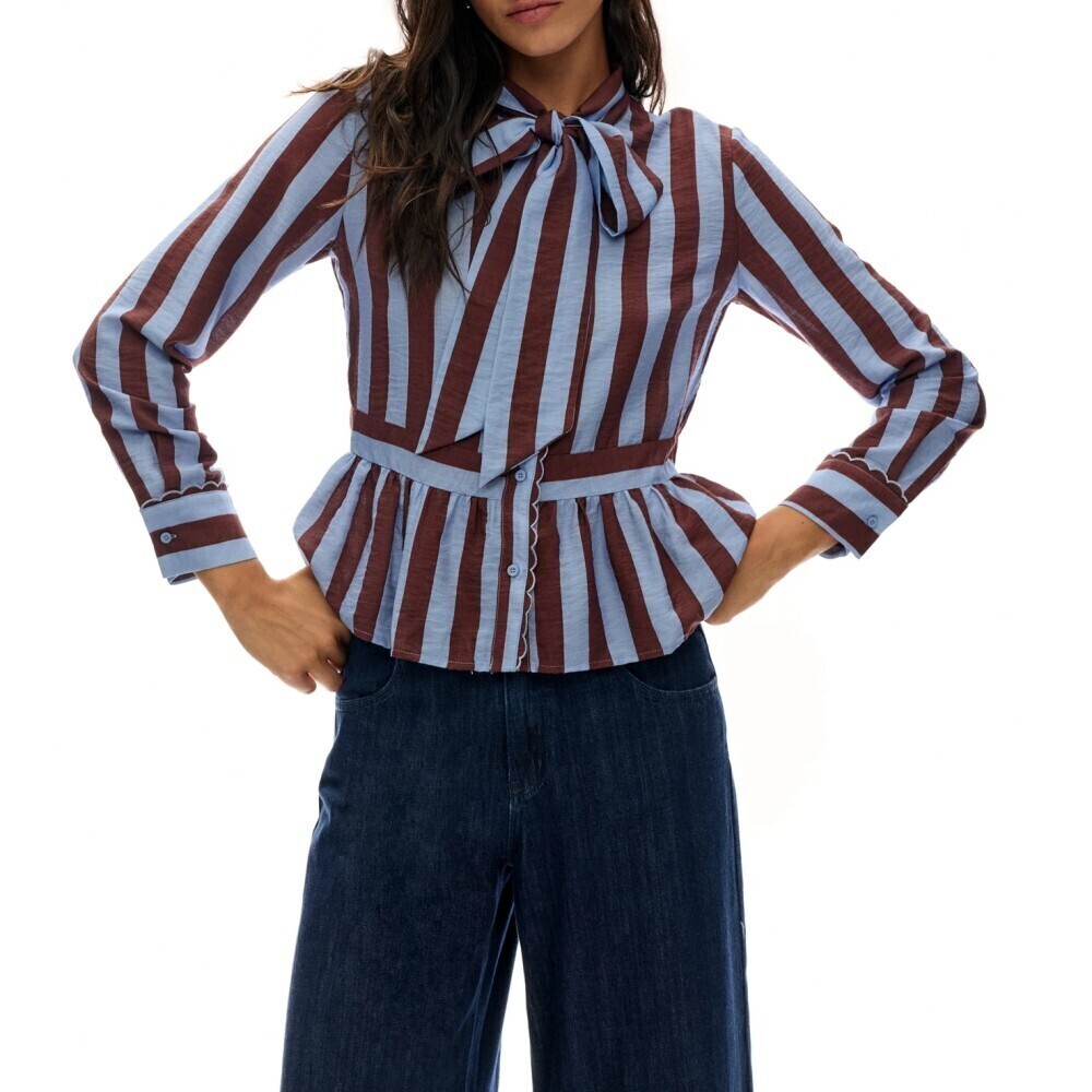 Blue Brown Striped Tie Neck Peplum Blouse with Scalloped Cuffs
